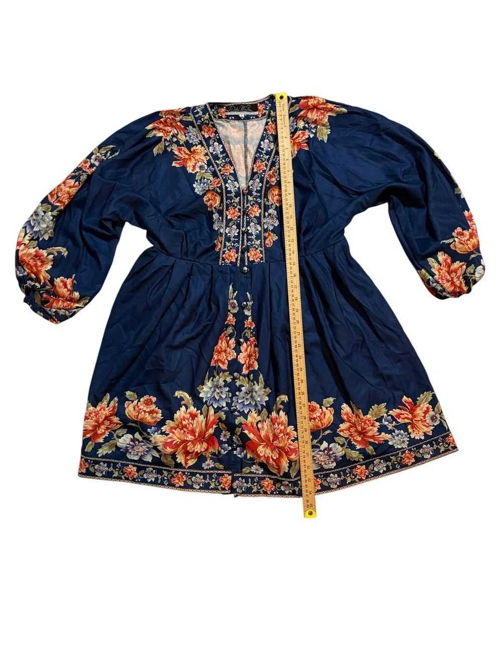 NWOT Dalia Macphee  Navy Floral Embroidered Mini Dress with Belt Size-Large - Picture 5 of 8